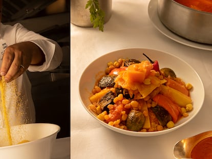 El chef Rachid Agouray prepara la sémola con sal y aceite de oliva. A la derecha, un plato terminado de cuscús a las siete verduras, junto a la olla con el caldo y la salsa picante.