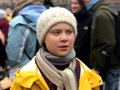 Greta Thunberg en una manifestación ante el parlamento sueco el pasado 8 de marzo. 