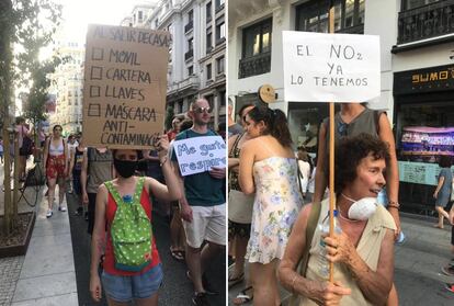 Pancarta de la izquierda: "Al salir de casa: móvil, cartera, llaves, máscara anticontaminación". A la derecha: "El NO2 ya lo tenemos".