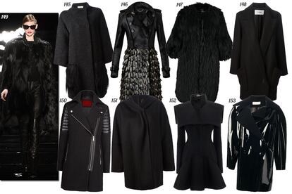 ORIGINAL BLACK. 145. Agnona Con pelo en los bolsillos. 146. Burberry Prorsum Estilo trench en piel de potro con flecos de piel y arandelas. 147. By Malene Birger Estilo yeti de pelo largo. 148. Chalayan Oversize cruzado. 149. Reem Acra. 150. Mango Estilo Perfecto con detalles de piel. 151. Calvin Klein Collection Oversize con capucha. 152. Alexander McQueen De vuelo con capelina en los hombros. 153. Wanda Nylon Oversize de charol con doble botonadura.