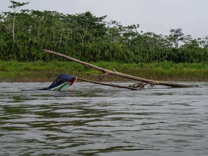 Tent stuck in a tree in the Tuquesa River, near the hamlet of Bajo Chiquito. Many migrants have lost their lives in the floods of this river during the Darién crossing.