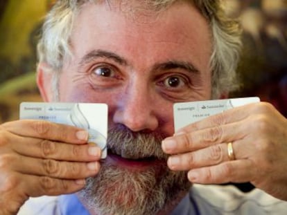 Krugman, sin monedas para que Caronte le traslade al m&aacute;s all&aacute;, con dos tarjetas del Banco de Santander para pagar al barquero.