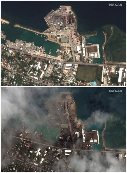 Una combinación de imágenes de satélite muestra las principales instalaciones portuarias antes de la erupción principal del volcán Hunga Tonga-Hunga Ha'apai el 29 de diciembre de 2021 (arriba) y la misma zona el 18 de enero de 2022, en Nuku'alofa, Tonga.