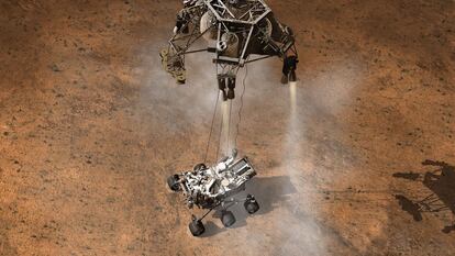 Ilustración del final de la fase de descenso en el suelo de Marte con el robot 'Curiosity' colgado de la llamada grúa espacial que lleva la nave (Foto: NASA/JPL-CALTECH).