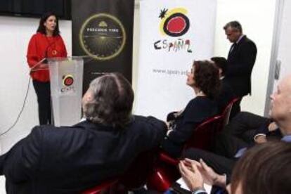 La secretaria de Estado de Turismo, Isabel María Borrego, durante su intervención en el acto de presentación del prototipo del Programa de Miembros Afiliados de la OMT: Madrid Precious Time, en la ITB de Berlín, la mayor feria de turismo del mundo.