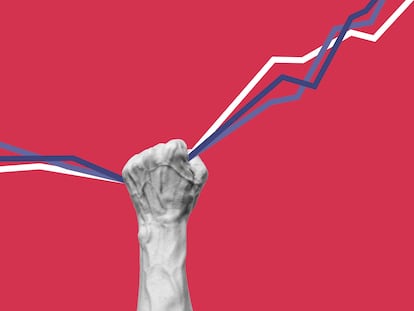 Human hand holding growing charts. Control of inflation concept.