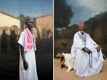 Alhagie Mardingding Darbo (izquierda), y Masanneh Cham, jefes de aldea (Gambia).