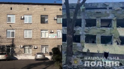 Una de las fachadas del hospital atacado, antes y después del bombardeo ruso. AFP-Maxar Tecnologies.