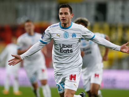 Florian Thauvin celebra uno de sus goles con el Olympique de Marsella, el 3 de febrero.