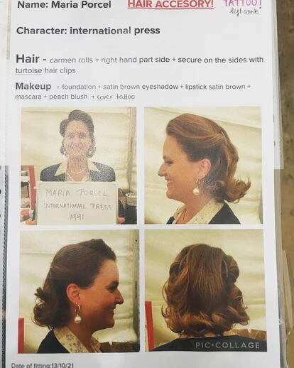 La ficha de preparación del personaje de 'The Crown'. En ella se detalla el pelo, el maquillaje, los accesorios del rostro y el papel que hará ese actor, además de los productos que deben usarse.