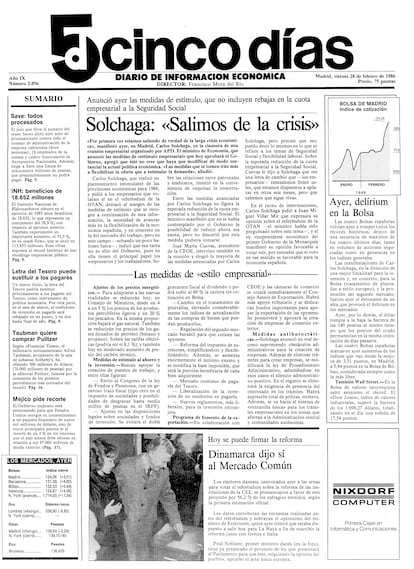 1986: salida de la crisis industrial. España sale de la crisis económica y empieza a crear empleo tras un decenio de ajuste industrial, financiero y de ocupación. La reconversión había limpiado la base industrial y se abría camino una economía cada vez más intensiva en los servicios, con una fuerte incorporación femenina a la actividad.