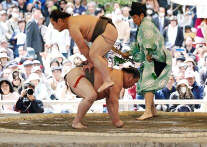 Luchadores de sumo durante un torneo en Tokio (Japón). 