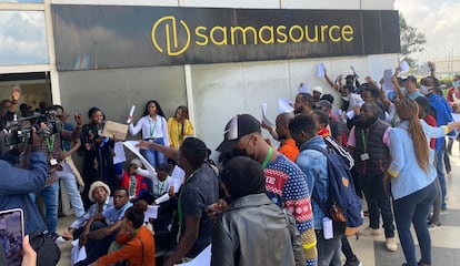 Unpaid workers protest outside the Sama offices in Nairobi