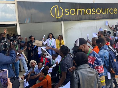 Unpaid workers protest outside the Sama offices in Nairobi