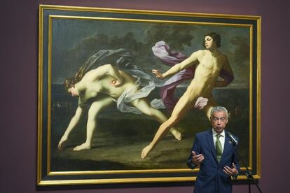 El Museo del Prado ha presentado este miércoles la restauración de la obra 'Hipómenes y Atalanta' (1619) de Guido Reni, que se contemplará en una instalación especial ubicada en la Galería Central. Una obra que, en palabras del director adjunto del Museo, Andrés Ubeda, constituye "una de las más importantes" de la institución.