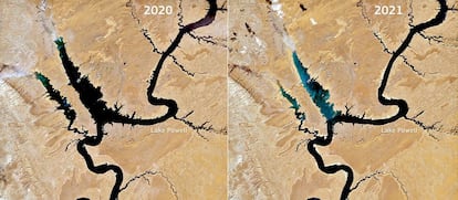 Imágenes por satélite del 17 de abril de 2020 y de 2021 que muestran los efectos de la gran sequía que sufre la cuenca del río Colorado en el lago Powell, en Estados Unidos.UNIÓN EUROPEA (COPERNICUS SENTINEL-2)