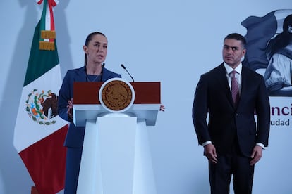  Claudia Sheinbaum, presidenta de Mxico, y Omar Garca Harfuch, secretario de Seguridad Pblica y Proteccin Ciudadana, durante la conferencia de prensa. 