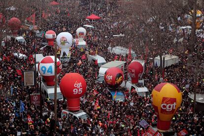 People gather on Place de la Republique during a demonstration against proposed pension changes, Thursday, Jan. 19, 2023 in Paris.