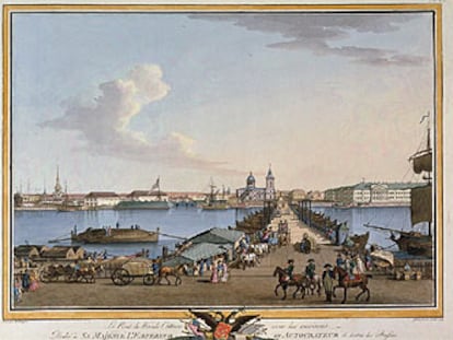 <i>Vista del puente Sant Isaac desde la isla de Vassielievski,</i> obra de Benjamin Patersen de 1799.