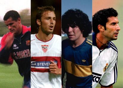 Los futbolistas Rivaldo, Antonio Puerta, Mardona y Figo.