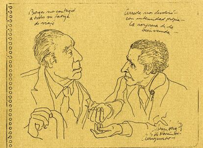 Dibujo de Jorge Luis Borges y Juan José Arreola, perteneciente a la colección de dibujos de Felipe Ehrenberg y realizado en noviembre de 1978.