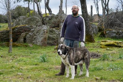 Enrique de los Nietos, de 35 años, en su finca de Madarcos donde tiene 90 vacas, con su perro 'Rocky'.