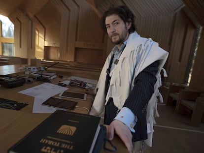 Rabbi Joshua Franklin stands inside the sanctuary at the Jewish Center of the Hamptons in East Hampton, New York on Feb. 10, 2023.