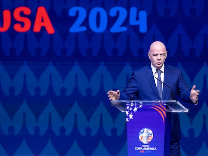 FIFA President Gianni Infantino speaks during the Copa America 2024 group stage draw ceremony in Miami, Florida, USA, December 07 2023.