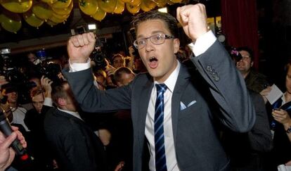 Jimmie Åkesson, líder del SD, celebra el resultado electoral de 2010.