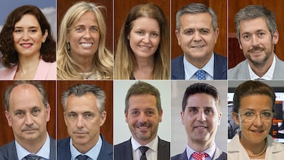 Arriba, desde la izquierda: la presidenta electa de la Comunidad de Madrid, Isabel Díaz Ayuso, Rocío Albert, Ana Dávila, Jorge Rodrigo, y Miguel Ángel García. Abajo, desde la izquierda: Miguel López-Valverde Argüeso, Carlos Novillo, Mariano de Paco, Emilio Viciana y Fátima Matute.