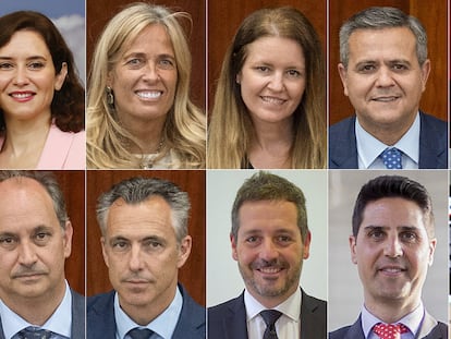 Arriba, desde la izquierda: la presidenta electa de la Comunidad de Madrid, Isabel Díaz Ayuso, Rocío Albert, Ana Dávila, Jorge Rodrigo, y Miguel Ángel García. Abajo, desde la izquierda: Miguel López-Valverde Argüeso, Carlos Novillo, Mariano de Paco, Emilio Viciana y Fátima Matute.