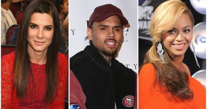 La actriz Sandra Bullock y los cantantes Chris Brown y Beyoncé.