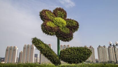 Esculturas hechas con plantas en las calles de Jilin, China, el 4 de junio. 