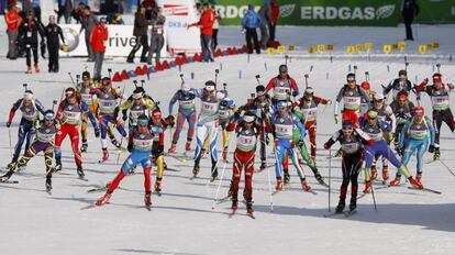 Prueba masculina de relevos 4x7,5 km del Mundial de Biatlón den Alemania. El equipo de Noruega se impuso en la carrera a Francia y a Alemania.