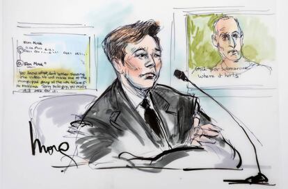 Un dibujo del juicio en el que Elon Musk declara como acusado de difamación, en Los Ángeles, el martes.