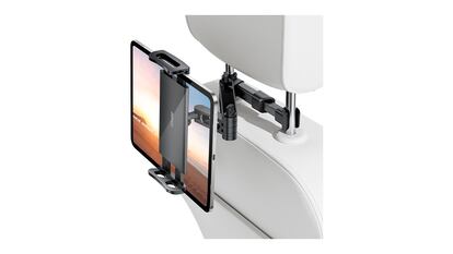 Soporte de tablet para reposacabezas sobre fondo blanco.