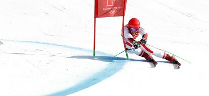 El ganador de la medalla de oro Marcel Hirscher de Austria, en la segunda ronda del slalom gigante, el 18 de febrero.