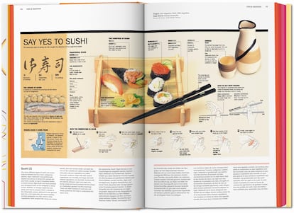 Interior de 'Food & drink infographics. A visual guide to culinary pleasures', de Simone Klabin y Julius Wiedemann (TASCHEN). Edición plurilingüe que reúne las mejores infografías sobre todos los grupos de alimentos, tablas de equivalencia, recetas, trucos, técnicas y consejos.