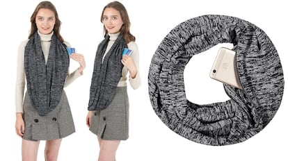 Esta bufanda, de tamaño XXL, es ideal para abrigarse y también para almacenar pequeños objetos en su bolsillo.