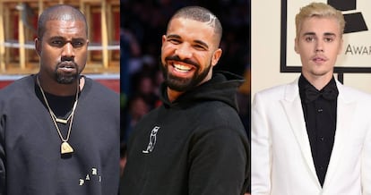 Los cantantes Kanye West, Drake y Justin Bieber.