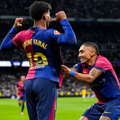 Lamine Yamal of FC Barcelona celebrates a goal during the Spanish league, La Liga EA Sports, football match played between Real Madrid and FC Barcelona at Santiago Bernabeu stadium on October 26, 2024, in Madrid, Spain.
AFP7 
26/10/2024 ONLY FOR USE IN SPAIN