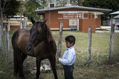 Un niño junto a un caballo, en una escuela primaria en una zona rural de Campeche