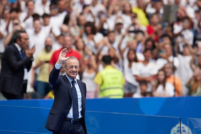 Florentino Prez, presidente del real Madrid, durante la presentacin de Kylian Mbapp el pasado 16 de julio en el Bernabu.