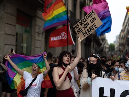 Una manifestante del colectivo LGTBI muestra un cartel reclamando sus derechos