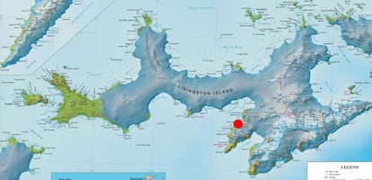 Mapa de la Isla Livingston, en el archipiélago de las Shetland del Sur, con la localización (punto rojo) de la BAE Juan Carlos I.