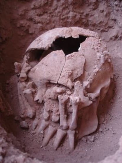Os restos do decapitado encontrados na tumba de Lapa do Santo.