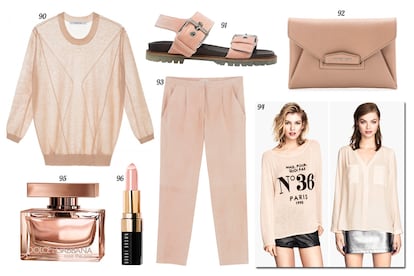 90. Bimba & Lola Jersey transparente. 91. Bimba & Lola Sandalia con tiras de terciopelo. 92. Givenchy Cartera-sobre de piel. 93. COS Pantalón de ante con pinzas. 94. H&M. 95. Dolce & Gabbana Eau de parfum 'Rose the One'. 96. Bobbi Brown Barra de labios 'Crazy for Color'.