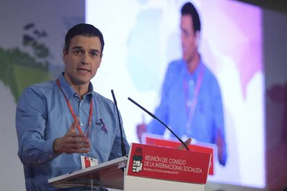 Pedro S&aacute;nchez durante la clausura el Consejo de la Internacional Socialista en Barcelona. 