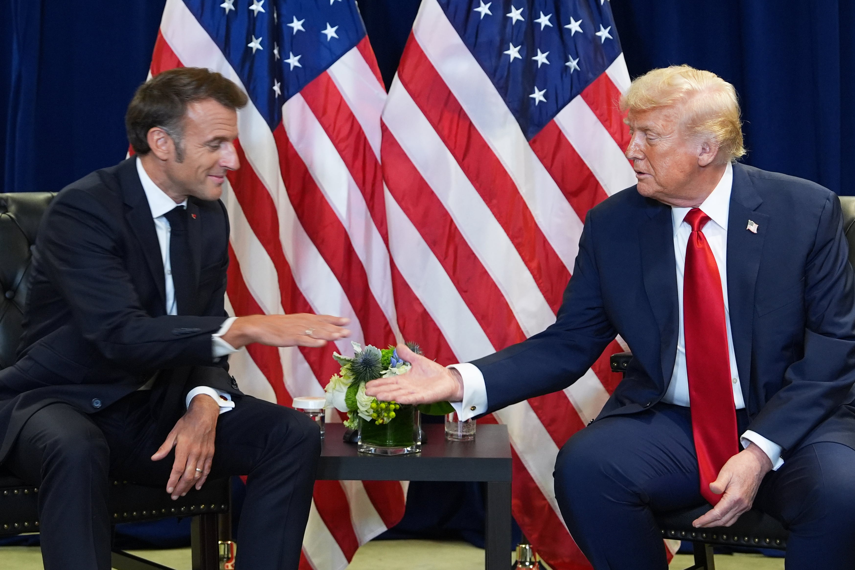 President Donald Trump meets with French President Emmanuel Macron, during the United Nations General Assembly, Tuesday, Sept. 23, 2025, in New York. (AP Photo/Evan Vucci)