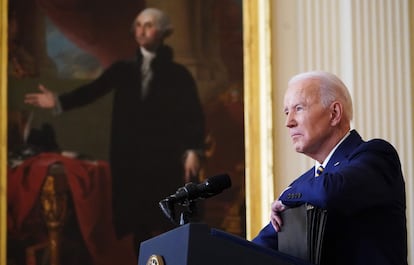 Joe Biden, durante la rueda de prensa del primer año de mandato, el jueves en la Casa Blanca.